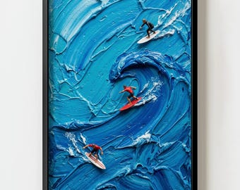 Lámina decorativa de pared con olas pintadas de azul surfista / Decoración oceánica con textura de empaste