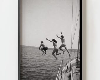 Vintage Sailboat Jump Ocean Yacht Wall Art Print | Retro Summer Black and White Decor