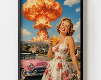 Pin-up Woman 50's Nuclear Mushroom Cloud Wall Art Print | Mid Century Atomic Decor