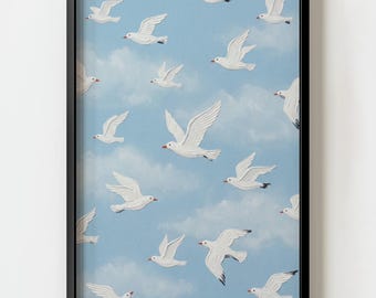 Zomer kust witte vogels vliegen muurkunst print | Olieverfschilderij van Impasto