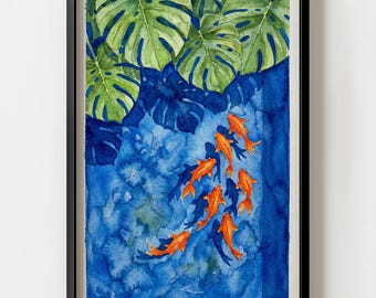 Koi Fish Monstera Plant Blue Pool Watercolor Wall Art Print | Tropical Botanical decor