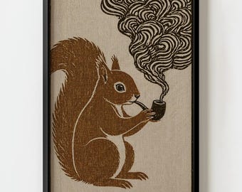 Whimsical Squirrel Smoking Pipe Art, Vintage Woodland Animal Print, Cozy Cottagecore Wall Decor, Rustic Linocut Illustration