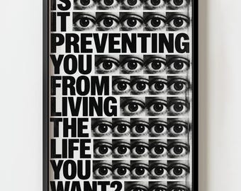 Lámina decorativa con la frase "Vive la vida que deseas" / Decoración con tipografía brutalista en semitonos