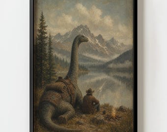 Vintage Dinosaur Cowboy Wall Art Print | Rustic Western Landscape decor