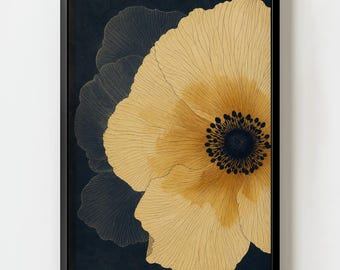 Lámina decorativa de pared con anémona silvestre dorada / Decoración botánica floral abstracta moderna