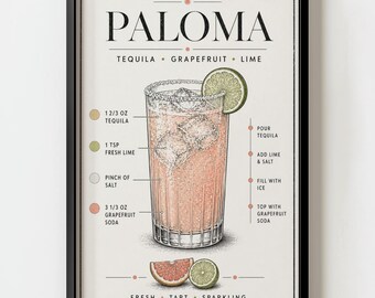 Paloma Cocktail Recipe Barcart Wall Art Print | Retro Kitchen Illustration Decor