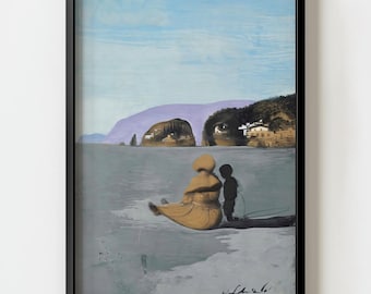 May include: Framed surrealist painting featuring a seated figure in a flowing yellow garment with a child, set against a coastal landscape. The artwork includes a blue sky, purple mountains, and large eye-shaped forms in the background. Signed by the artist.