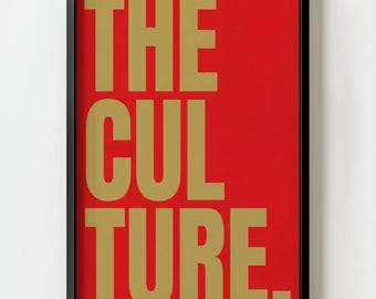 Lámina decorativa de pared "Cultura dorada sobre fondo rojo" / Decoración tipográfica neobrutalista