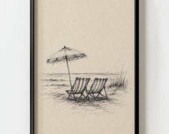 Vintage Beach Chairs Umbrella Sketch Wall Art Print | Minimalist Retro Coastal Decor