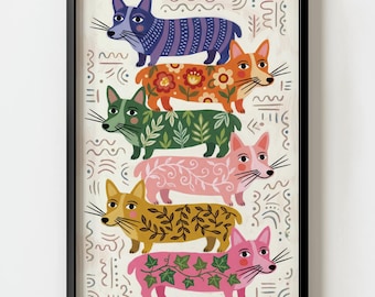 Multi Patterned Corgi Dog Wall Art Print | Scandinavian Folk Illustration Decor