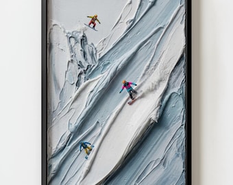Snowboarders en una montaña pintada con técnica impasto / Lámina decorativa texturizada para deportes de invierno