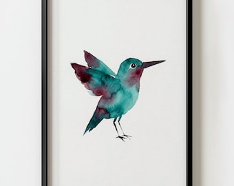 Lámina decorativa de colibrí en tonos verde azulado y burdeos / Decoración minimalista de animales en acuarela