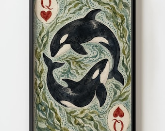 Killer Whale Orca Queen of Hearts Playing Card Wall Art Print | Vintage Nautical Decor Marine Biologist Gift