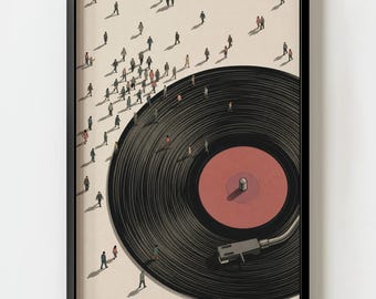 Vinyl Record Miniature People Wall Art Print | Retro Surrealist Mid-Century Music Poster Decor Pink