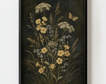 Lámina decorativa de pared estilo cottagecore con flores silvestres y mariposas / Decoración vintage estilo dark academia