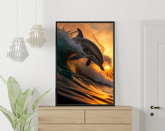 Surfing Dolphin - Photo Art Poster Print . Surfing Poster, Dolphin Wall Decor, Dolphin Art for living room, dorm, bedroom or bathroom