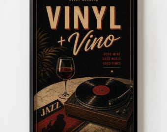 Vintage Vinyl & Wine Poster, Retro Turntable Wall Art, Jazz Record Player Decor, Moody Bar Cart Print, Music Lover Gift