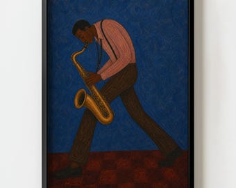 Lámina decorativa de pared de un saxofonista de jazz afroamericano / Decoración vintage afrocéntrica para músicos