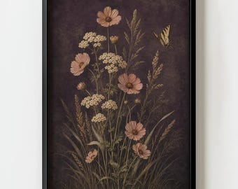 Purple Wildflower Butterfly Wall Art Print | Dark Academia Cottagecore Vintage decor