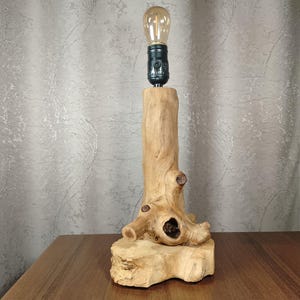 Puede incluir: Una l&aacute;mpara de mesa de madera r&uacute;stica con una base de madera natural y una bombilla simple. La l&aacute;mpara est&aacute; hecha de un trozo de madera a la deriva con una forma natural y org&aacute;nica.