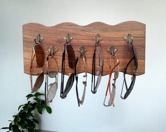 Wall Mounted Eyeglass Holder, Walnut Wood Glasses Organizer with 7 Hooks