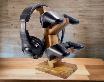 Wooden controller holder, headphone stand, gamer desk organizer, dual joystick stand, gift for him, gaming setup decor