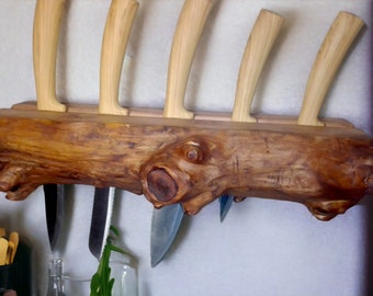 Wall knife board, wooden knife holder, wildwood knife rack, shelf holder made of wild logs for kitchen knives.