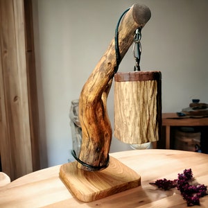 Handmade wooden lamp, Rustic lamp, Driftwood table lamp, Farmhouse style lighting fixture, Lamp with wooden lampshade on an oak base