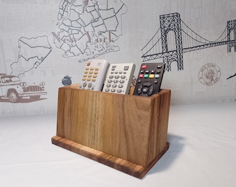 TV remote holder for 3 remotes, walnut wood remote stand organizer