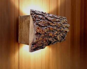 Rustic wood wall sconce oak bark lamp