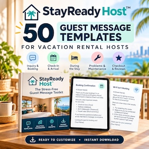 May include: A digital product titled StayReady Host 50 Guest Message Templates for Vacation Rental Hosts. The set includes a toolkit book, a tablet displaying a booking confirmation, and a printed card with Wi-Fi troubleshooting instructions.