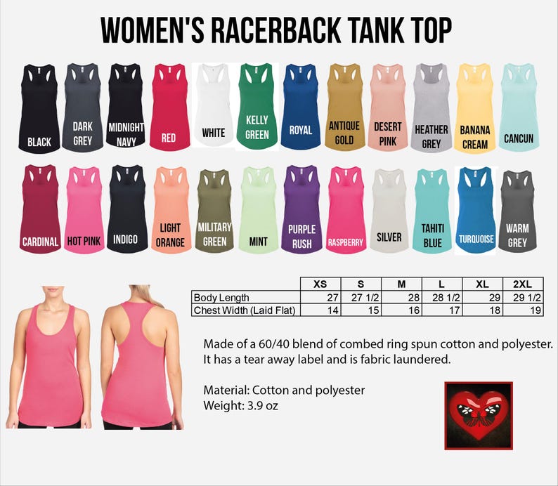 women's racer tank top sizes chart