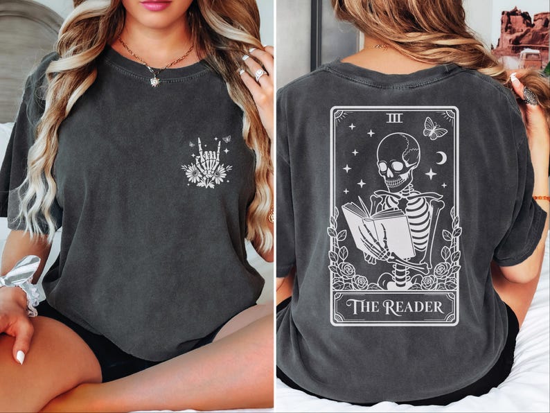 The image is a collage of two photos. The left photo shows a woman wearing a black t-shirt with a graphic design on the front, while the right photo shows the back of the same t-shirt with a graphic design depicting a skeleton reading a book.