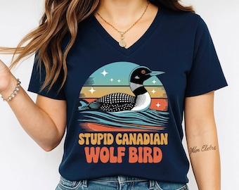 Stupid Canadian Wolf Bird Racerback Tank Top, Hockey  Fan Vneck Shirt, Sarcastic Animal Graphic L590