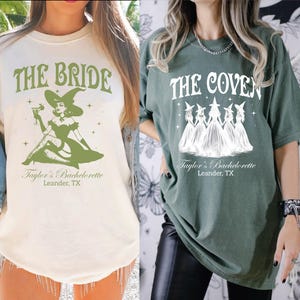two women wearing t - shirts that say the bride and the cover