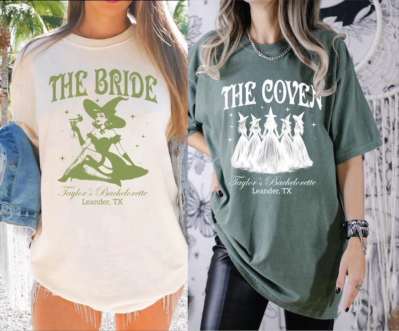 two women wearing t - shirts that say the bride and the cover