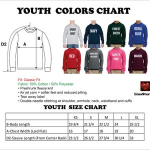 The image is a youth colors chart and youth size chart, which provide information on the sizes and colors of various youth clothing items.