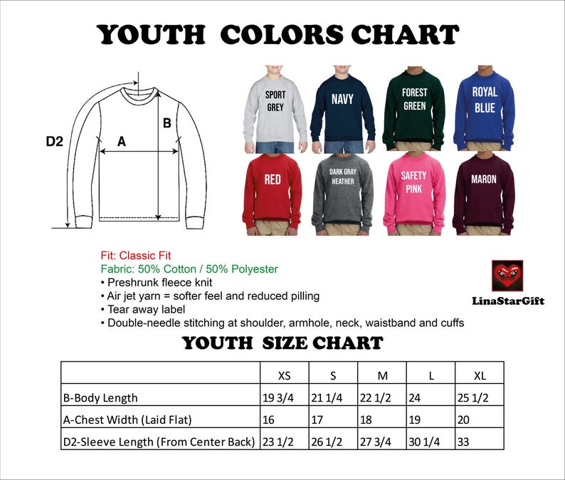 The image is a youth colors chart and youth size chart, which provide information on the sizes and colors of various youth clothing items.