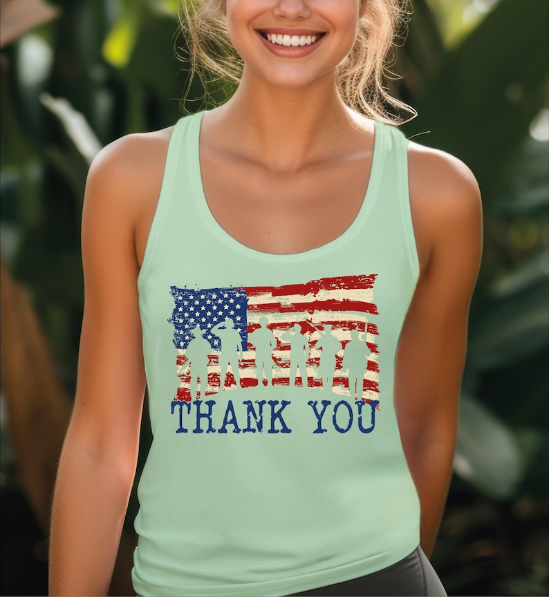 a woman wearing a tank top with an american flag on it