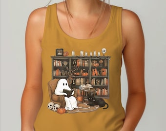 Halloween Ghost Reading Books Racerback and Vneck, Halloween Ghost Librarian Racerback, Spooky Book Lover Vneck, L425