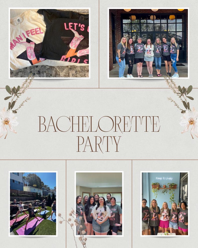 The image is a collage of five photos depicting a bachelorette party, with a central photo showing a group of women posing together.