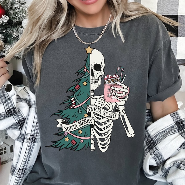 Sorta Merry Sorta Scary Comfort Colors Shirt, Funny Christmas Shirt, Cute Spooky Season Shirt, Christmas Skeleton Shirt LS692