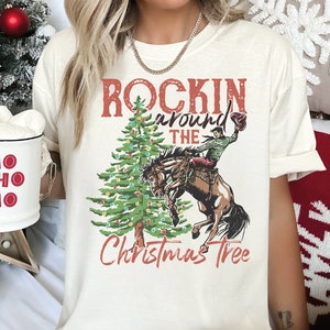 Rockin Around The Christmas Tree Comfort Colors Shirt, Country Christmas Shirt, Retro Xmas Western Shirt, Cowboy Christmas Family Tee LS673
