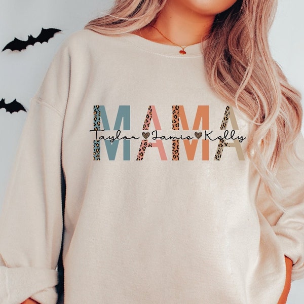 Custom Mama Sweatshirt, Mom Sweatshirt With Kids Names, Leopard Print Mama Sweatshirt, Personalized Mama Sweater LS023