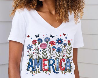 Boho Floral 250th Anniversary Racerback, Wildflower America Vneck Tee L736