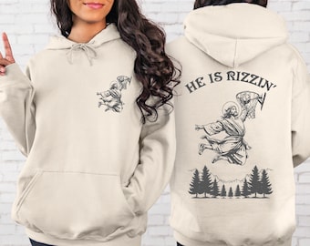 He Is Rizzin&#39; Vintage Style Sweatshirt and Hoodie, Funny Jesus Sweatshirt, Humor Easter Sweatshirt, Jesus Playing Basketball LS862