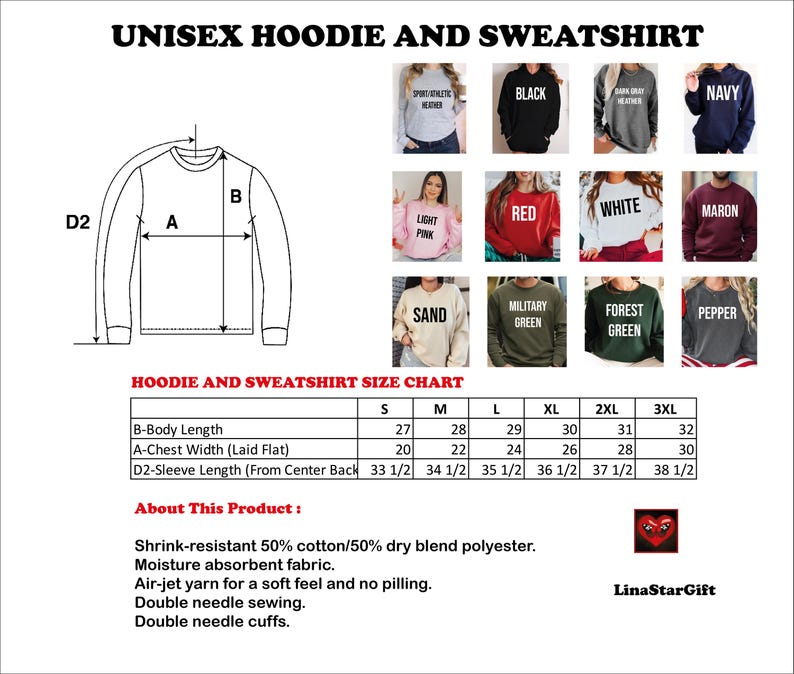 The image is a size chart for a unisex hoodie and sweatshirt, showing the measurements for different sizes.