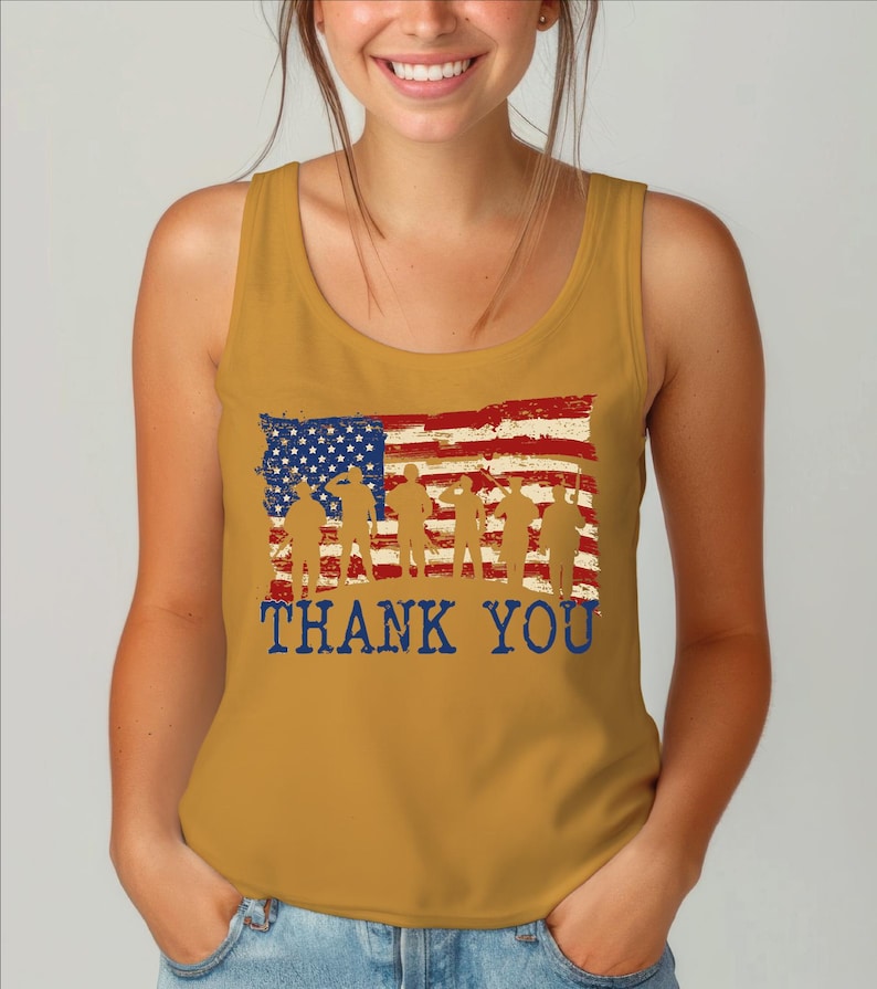 a woman wearing a tank top with an american flag on it