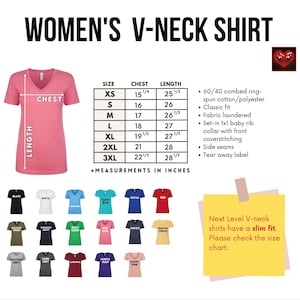 The image is a collage of various women's v-neck t-shirts in different colors and sizes, along with a size chart and measurements in inches.