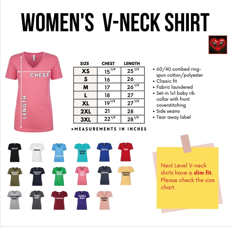 The image is a collage of various women's v-neck t-shirts in different colors and sizes, along with a size chart and measurements in inches.